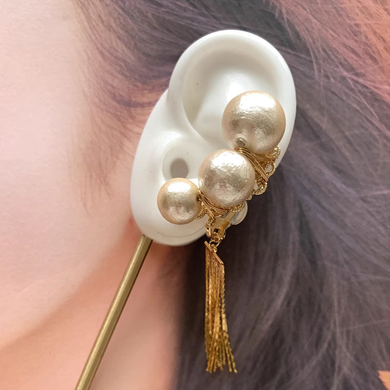 Retro Pearl Tassel Drop Earrings Fashion Vintage Pearl Ear Clip Golden for Women Girls Tassel Ear Clips Statement Jewelry Party Prom Wedding ﻿