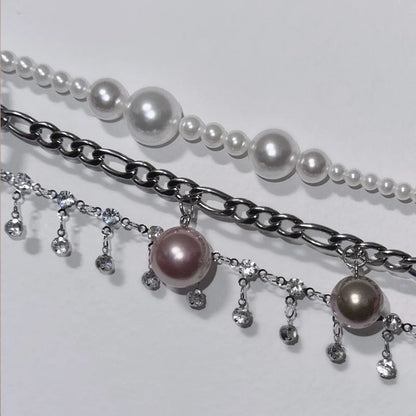 Gothic Layered Pearl Choker Retro Punk Stacked Necklace with Long Chain for Women Gift