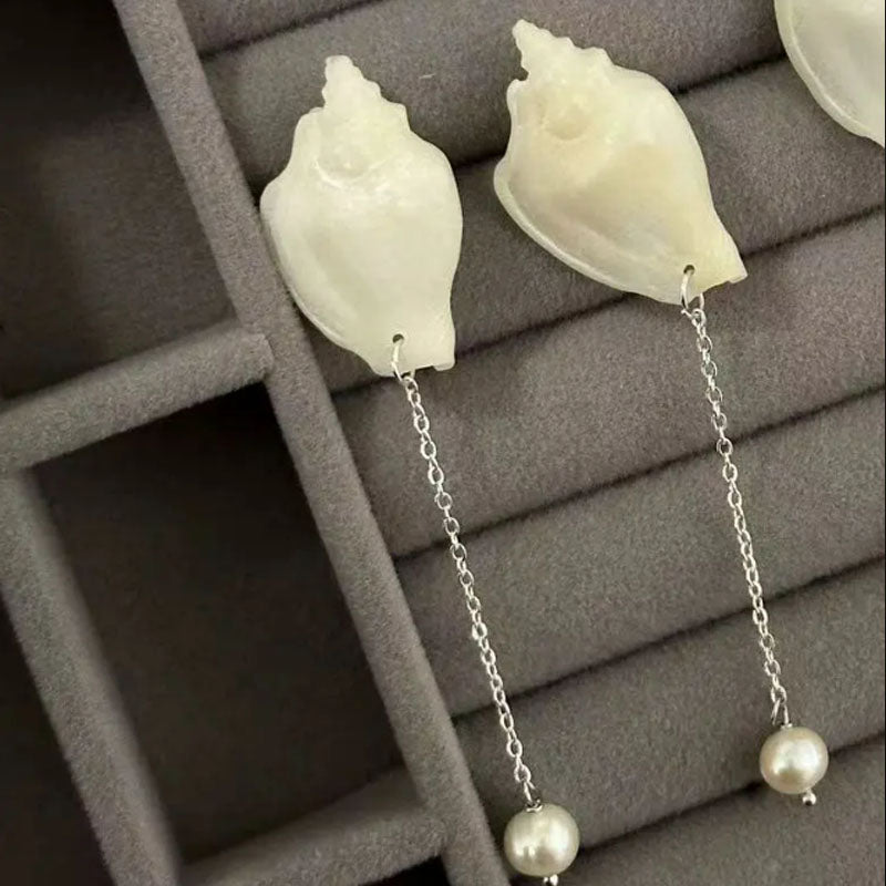 Original S925 silver natural conch earrings with tassels, Bohemia Earring,Summer Jewelry,elegant freshwater pearls earrings for women