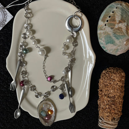 Handmade Baroque Shell Punk Fork and Spoon Necklace