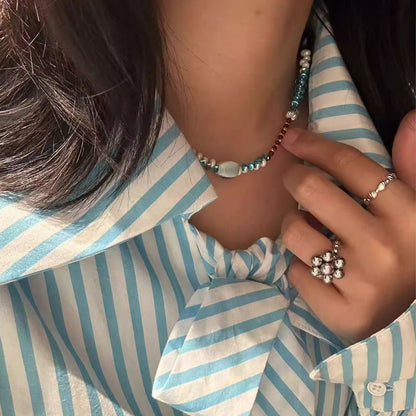 Handmade Beaded Flower Rings Cute Vintage Titanium Steel Bead Jade Finger Rings for Women Jewelry