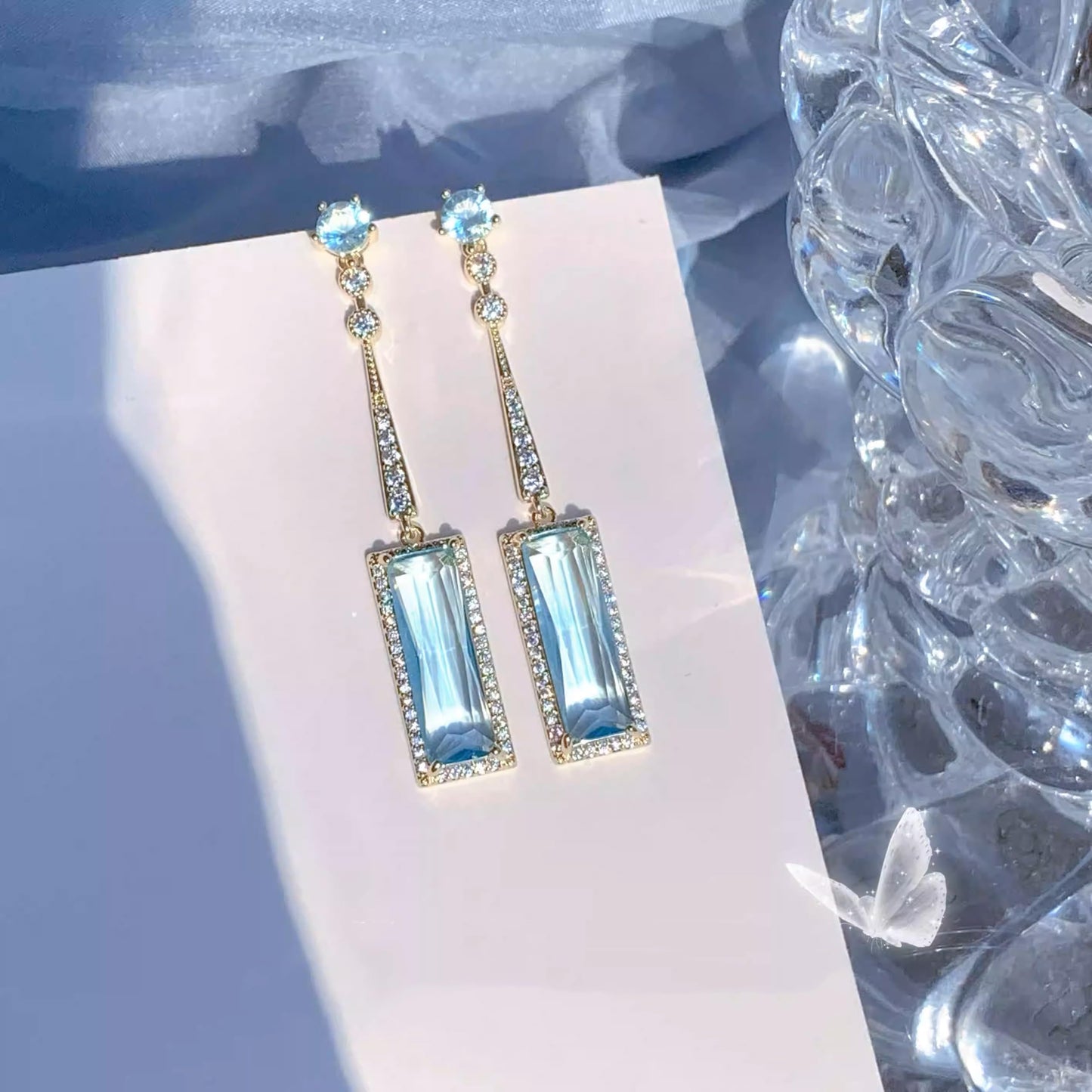 Blue Pendant Chinese Antique-style, Crystal Square Drop Earrings with Cubic Zirconia Stones for Women, for Parties