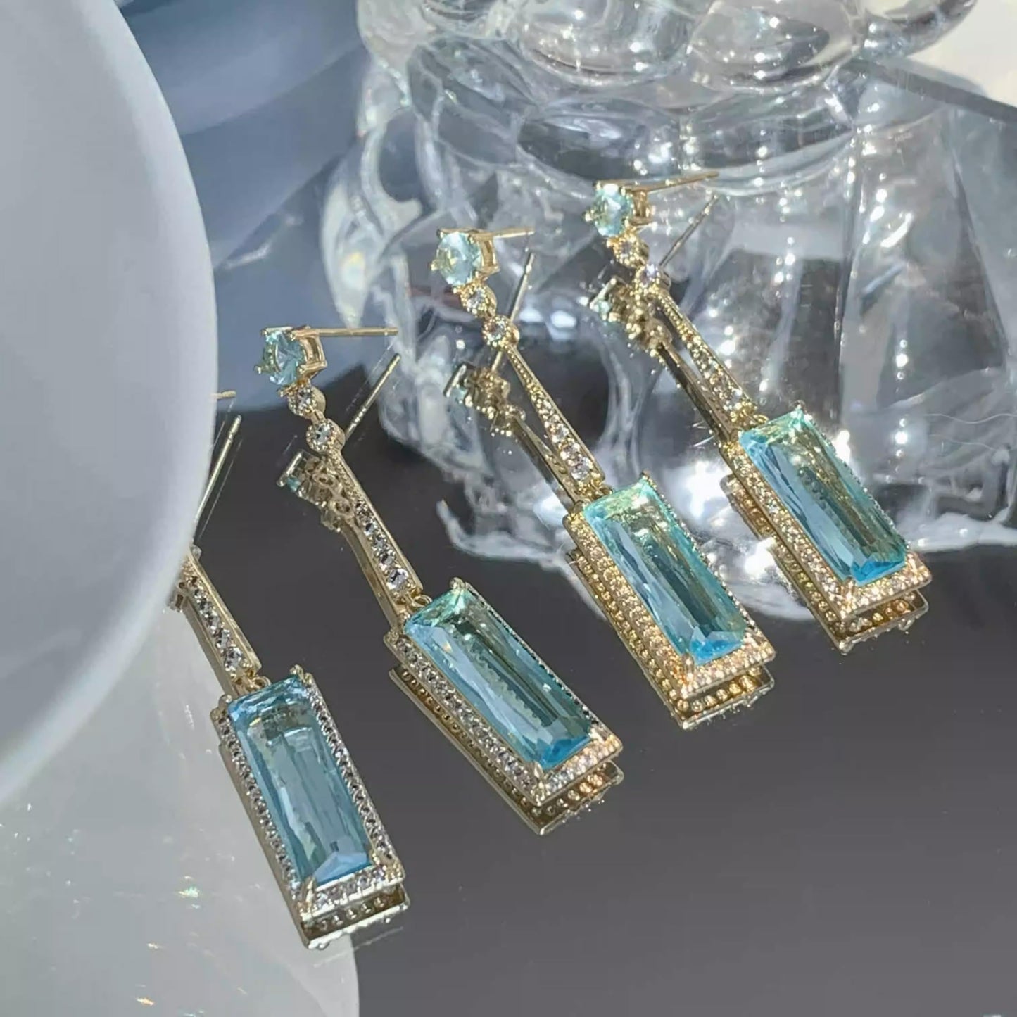 Blue Pendant Chinese Antique-style, Crystal Square Drop Earrings with Cubic Zirconia Stones for Women, for Parties
