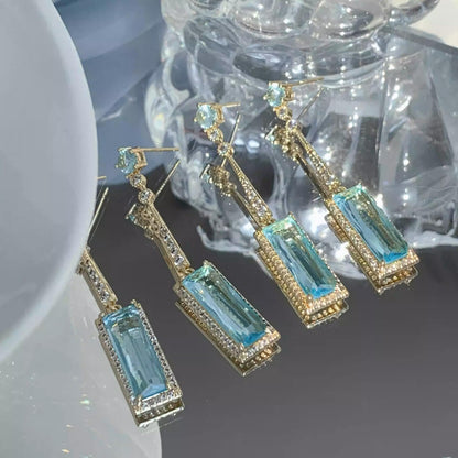 Blue Pendant Chinese Antique-style, Crystal Square Drop Earrings with Cubic Zirconia Stones for Women, for Parties