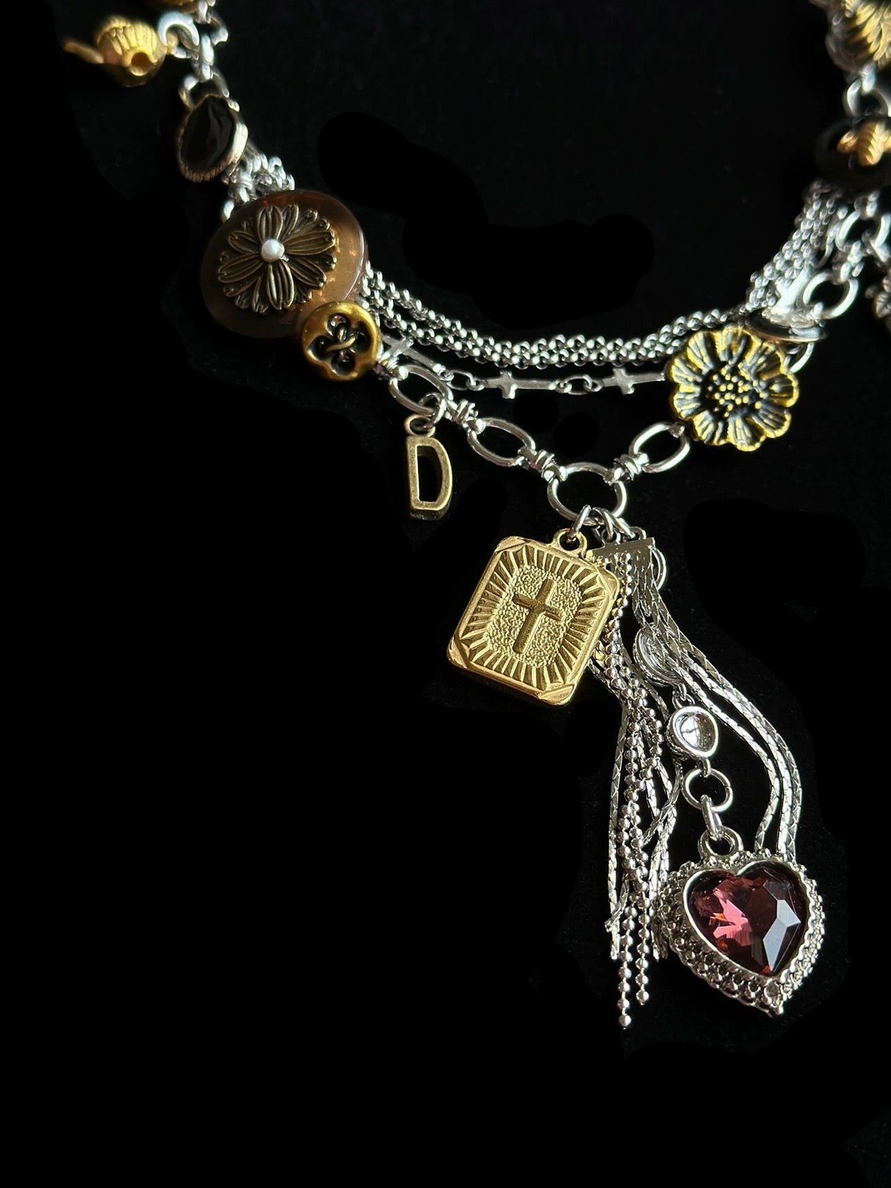Vintage punk cross heart tassel pendant layered necklace