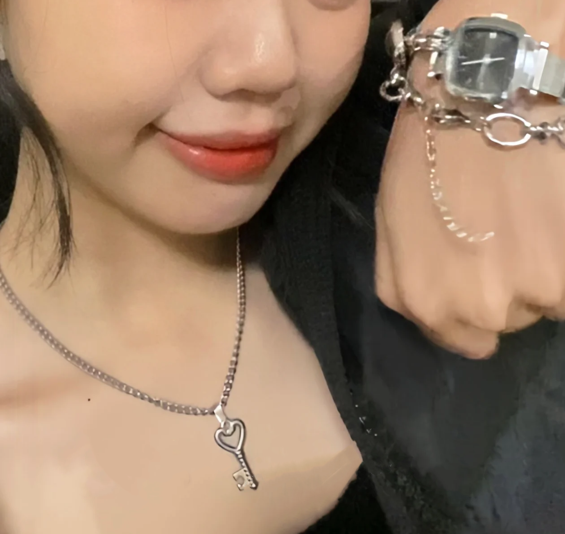 Cyberpunk silver watch chunky chain necklace & bracelet (two ways to wear), key pendant layered necklace, trendy and cool, Y2K necklac