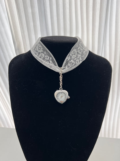 Vintage silver heart watch necklace