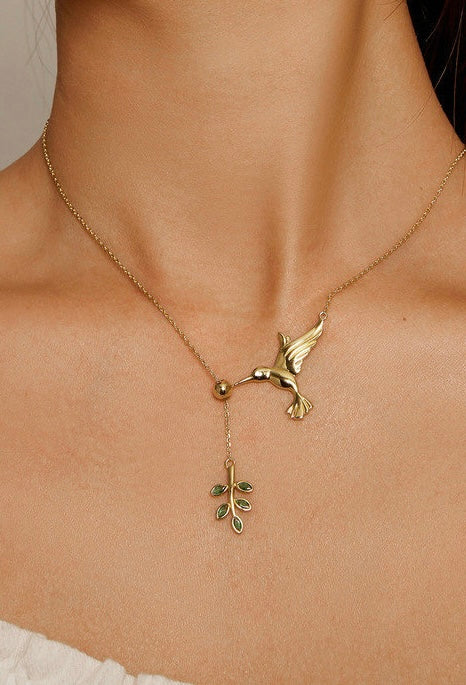 S925 Sterling Silver Hummingbird with Green Diamond Leaf Pendant Necklace, paired with matching ring, a uniquely perfect gift for women.