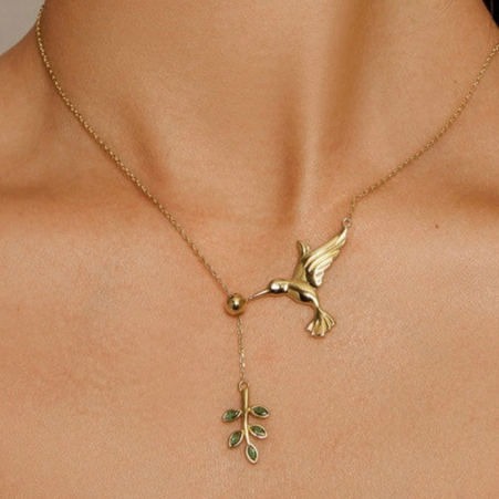 S925 Sterling Silver Hummingbird with Green Diamond Leaf Pendant Necklace, paired with matching ring, a uniquely perfect gift for women.