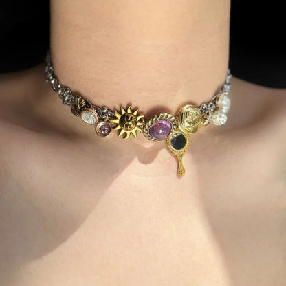 Punk Choker Heavy Industry Titanium Steel Necklace Gorgeous Purple Crystal Pendant for Women