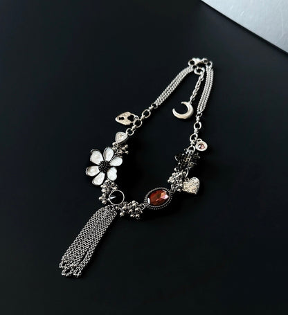 Punk vintage floral tassel pendant necklace with flowers, ruby, heart pendant, Y2K choker, trendy eclectic necklace, perfect unique gift.