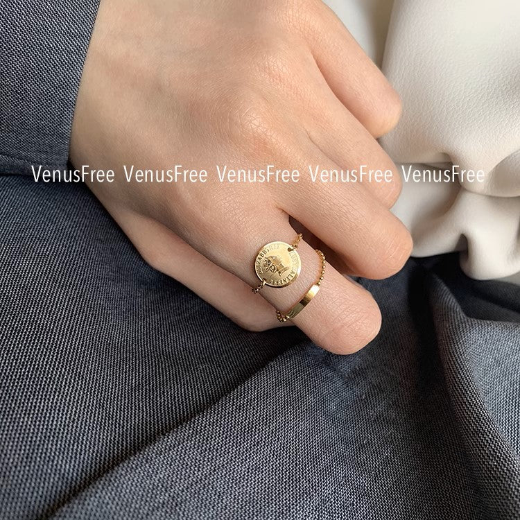 MoJone Adjustable Chain Ring, Geometric Coin Ring, French Chic, for Female