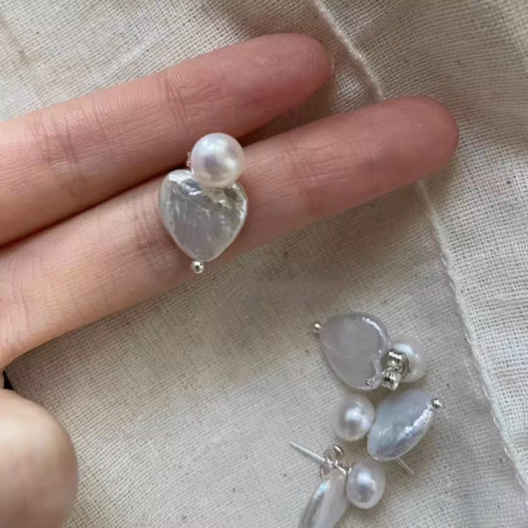 Heart-shaped Baroque Freshwater Pearl Earrings, 925 Sterling Siver, Adorable Accessory for Women