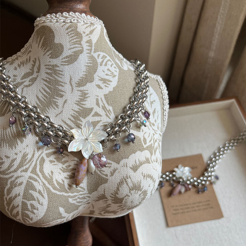 Vintage Flower Pendant Chunky Chain Necklace，Punk Retro Beads Choker Necklace, Y2K Adjustable Trendy Jewelry，Gift for Woman