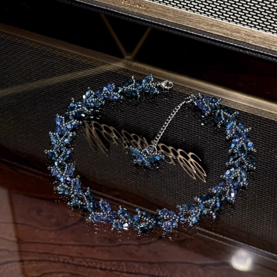 Original Handmade Blue Butterfly Crystal Choker Bead Necklace