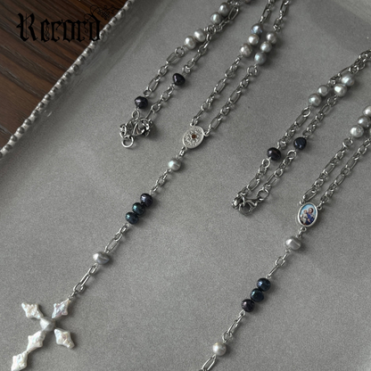 Handmade Baroque Pearl Cross Prayer Beads Necklace