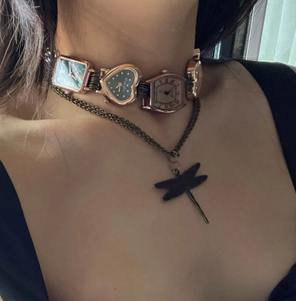 Cyber Punk Vintage Watch choker,Dragonfly Pendant Layered Necklace, Y2K accessory, Perfect Unique Gift for Man and Woman