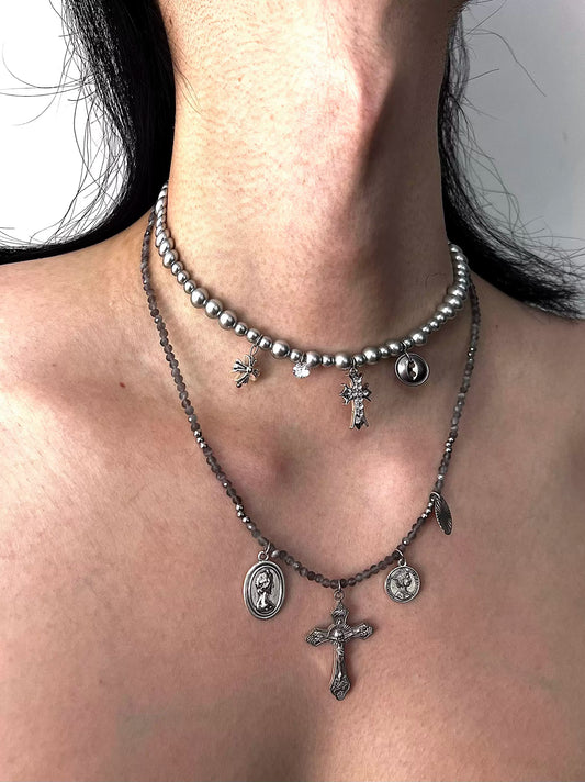 Bead Cross Punk Pearl Layered Choker, Cat Eye Cross Necklace, Metallic Simple Unique Necklace