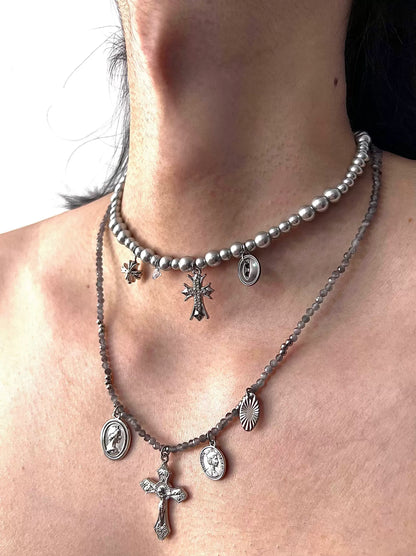 Bead Cross Punk Pearl Layered Choker, Cat Eye Cross Necklace, Metallic Simple Unique Necklace