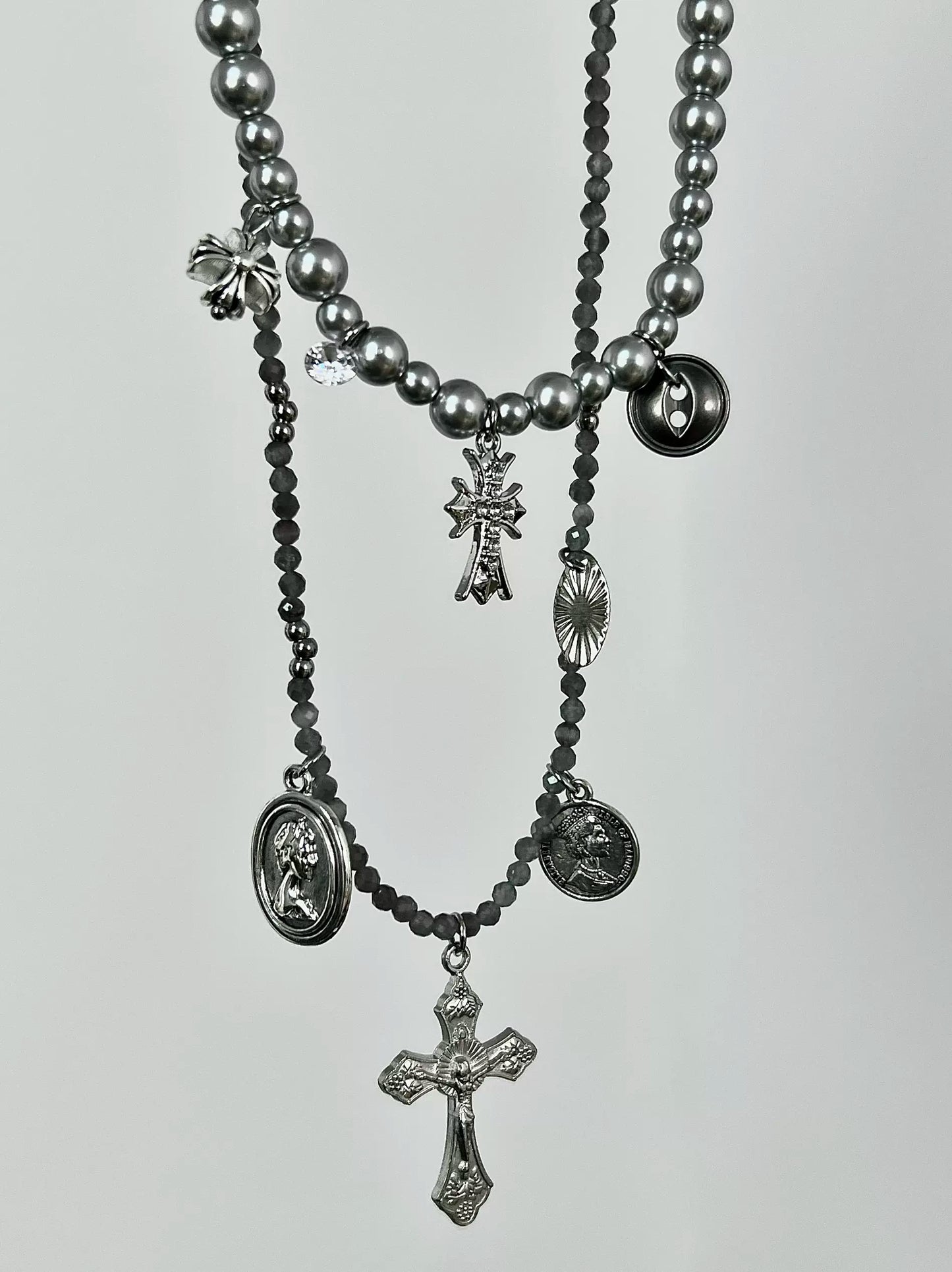 Bead Cross Punk Pearl Layered Choker, Cat Eye Cross Necklace, Metallic Simple Unique Necklace