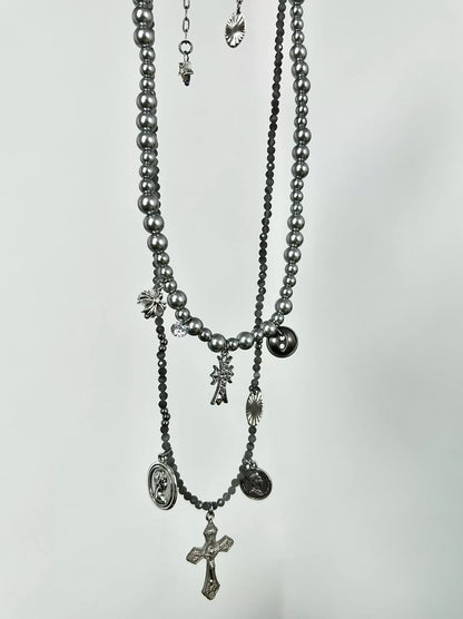 Bead Cross Punk Pearl Layered Choker, Cat Eye Cross Necklace, Metallic Simple Unique Necklace
