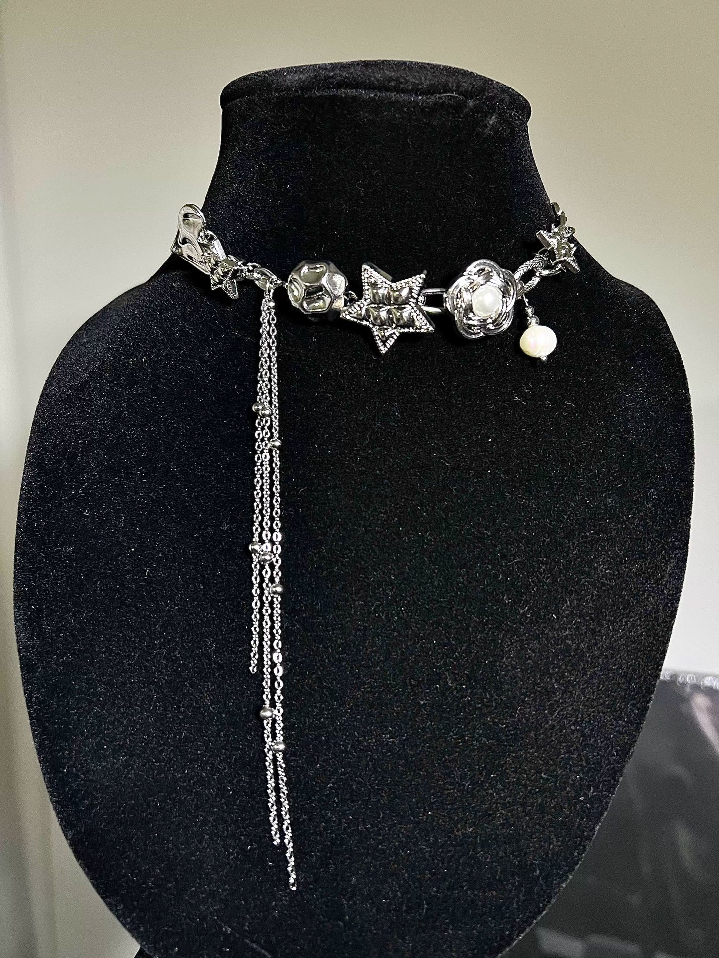 Neutral Tassel Star Button Shaped Silver Necklace, Love And Flower Sweet Cool Choker, Valentine's Gift