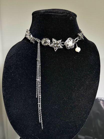 Neutral Tassel Star Button Shaped Silver Necklace, Love And Flower Sweet Cool Choker, Valentine's Gift