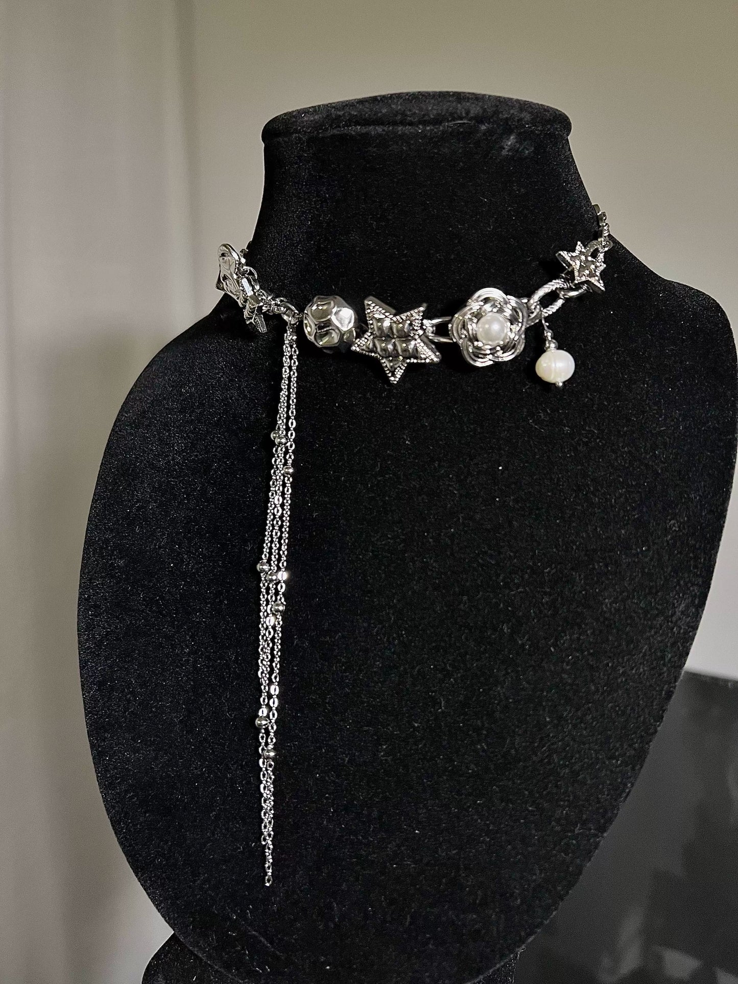 Neutral Tassel Star Button Shaped Silver Necklace, Love And Flower Sweet Cool Choker, Valentine's Gift