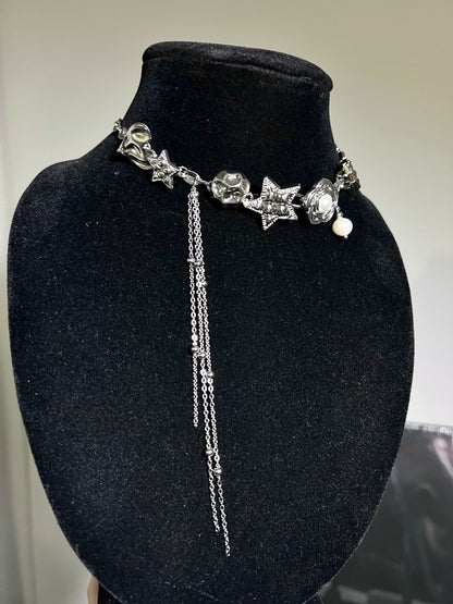 Neutral Tassel Star Button Shaped Silver Necklace, Love And Flower Sweet Cool Choker, Valentine's Gift