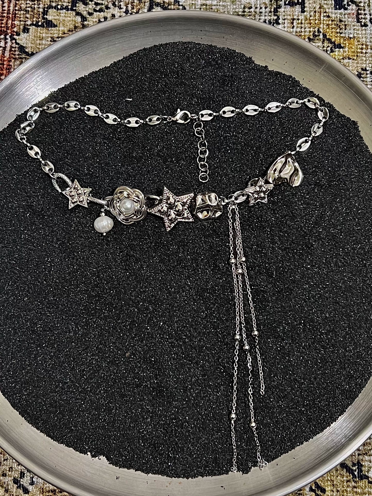 Neutral Tassel Star Button Shaped Silver Necklace, Love And Flower Sweet Cool Choker, Valentine's Gift