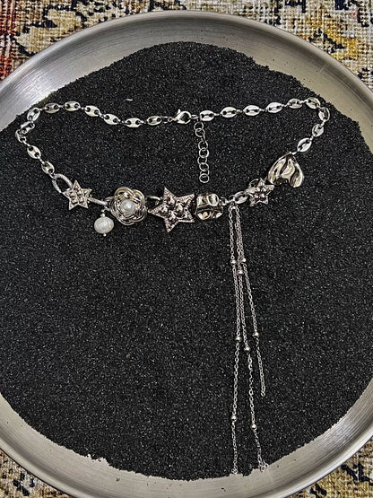 Neutral Tassel Star Button Shaped Silver Necklace, Love And Flower Sweet Cool Choker, Valentine's Gift
