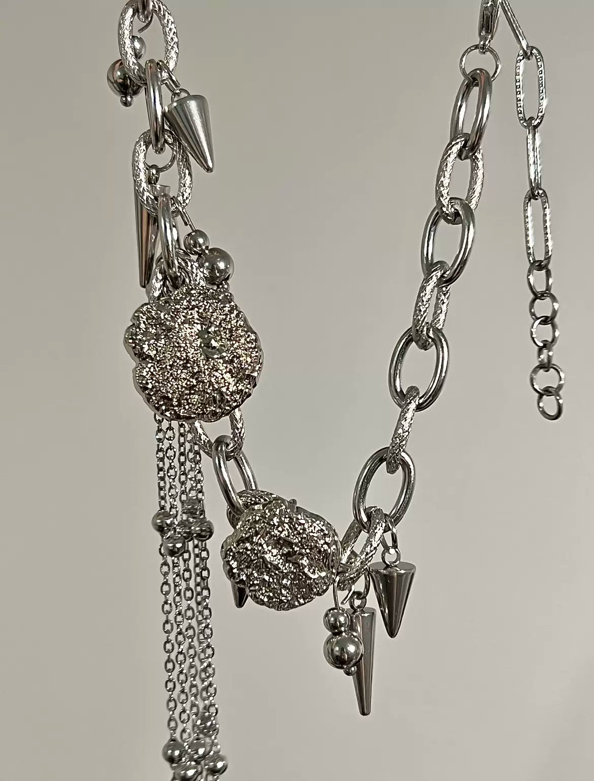 Tassel Punk Rivet Silver Necklace Sweet Cool Girl Choker, Titanium Steel Metallic Unique Accessory