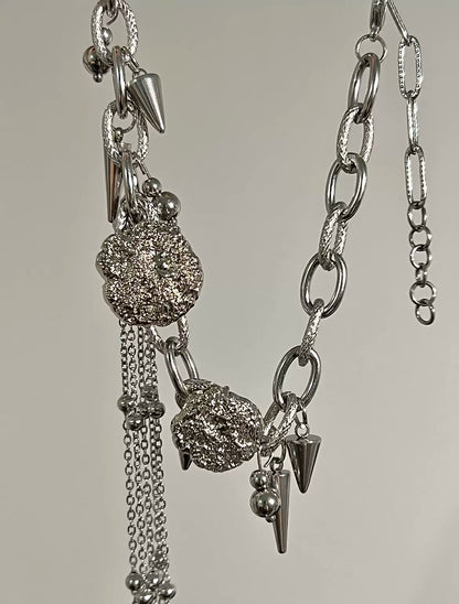 Tassel Punk Rivet Silver Necklace Sweet Cool Girl Choker, Titanium Steel Metallic Unique Accessory