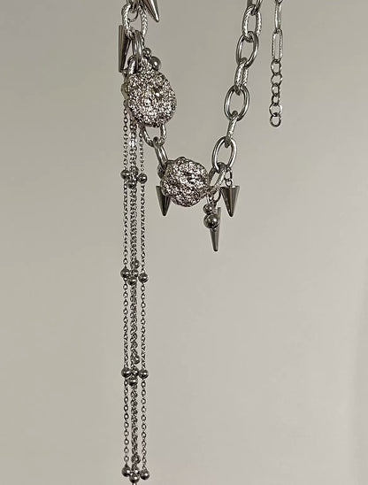Tassel Punk Rivet Silver Necklace Sweet Cool Girl Choker, Titanium Steel Metallic Unique Accessory