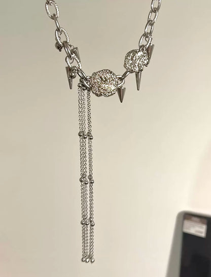 Tassel Punk Rivet Silver Necklace Sweet Cool Girl Choker, Titanium Steel Metallic Unique Accessory