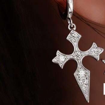 Cross Earrings with Pave Crystals, 925 Silver, Delicate Post, Ear Cuff Hoops