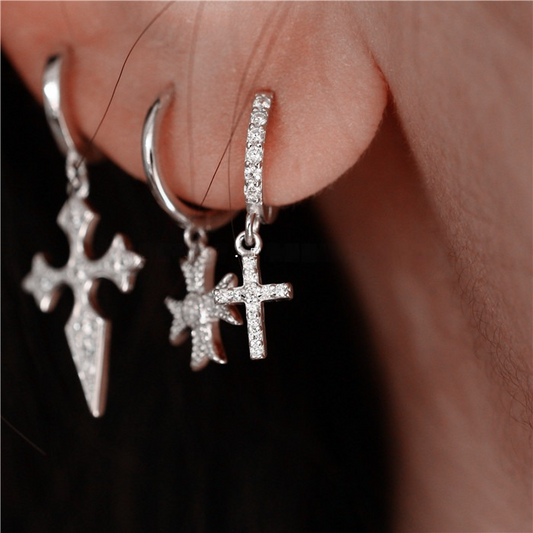Cross Earrings with Pave Crystals, 925 Silver, Delicate Post, Ear Cuff Hoops