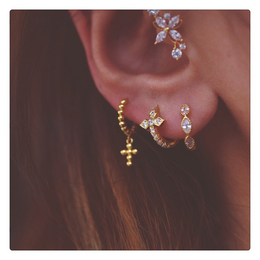 French Style Cross Earrings, Crystal Cross Ear Cuff, Silver & Man-Made Crystal, Hypoallergenic