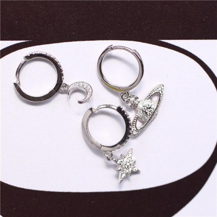 Elegant Star and Moon Earrings, Saturn Stackable Dangle, Fine Silver Crystal Jewelry