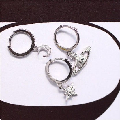 Elegant Star and Moon Earrings, Saturn Stackable Dangle, Fine Silver Crystal Jewelry