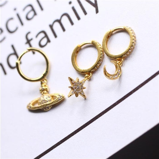 Elegant Star and Moon Earrings, Saturn Stackable Dangle, Fine Silver Crystal Jewelry