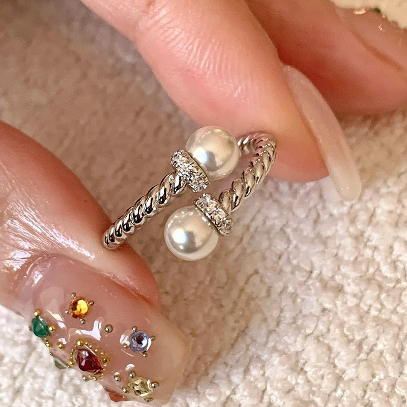 Vintage Pulled Zircon Pearl Ring, Women's Open Band, Stackable Minimalist Jewelry