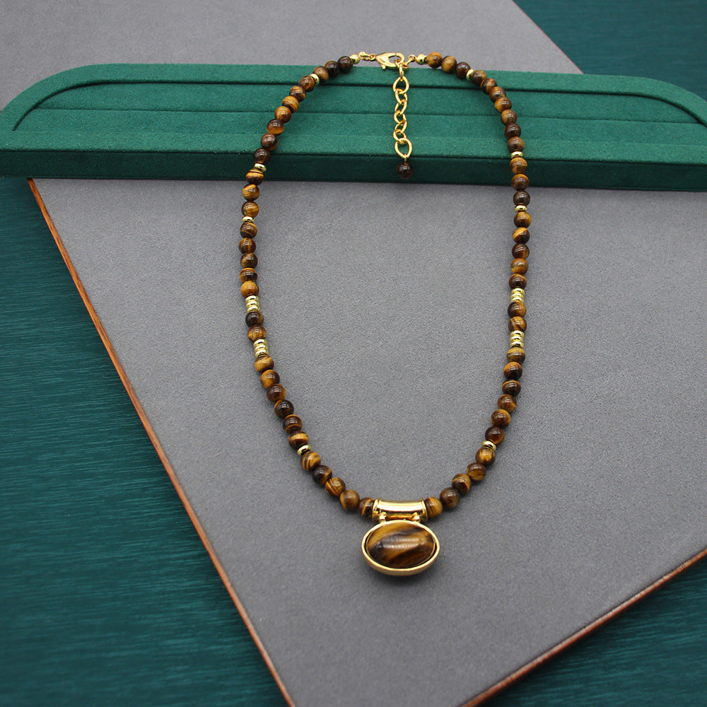 Elegant Tiger’s Eye Stone Necklace and Earrings Set, Versatile Gold-Tone Jewelry, Perfect for Bohemian Chic and Sophisticated Styles