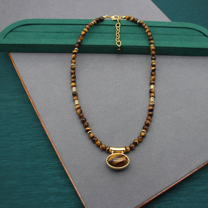 Elegant Tiger’s Eye Stone Necklace and Earrings Set, Versatile Gold-Tone Jewelry, Perfect for Bohemian Chic and Sophisticated Styles