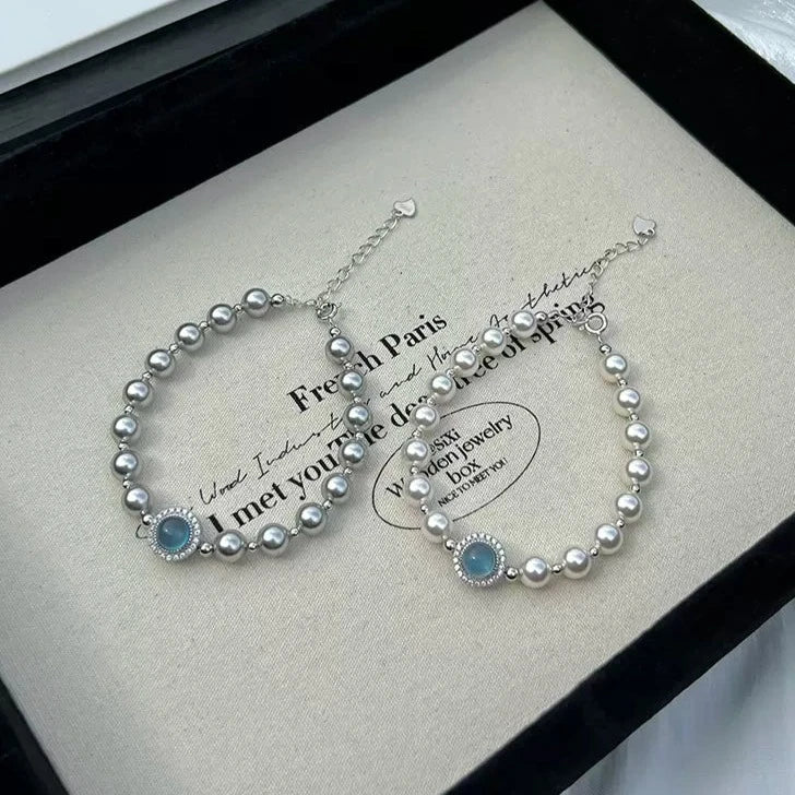 Sterling Silver Bracelet inS925 silver, Sparkling Aquamarine High-Quality Luminous Pearl Bracelet