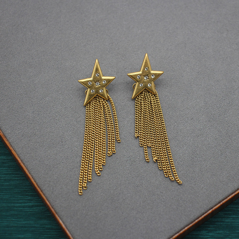 Glamorous Long Gold Star Tassel Earrings, Celestial-Inspired Dangle Jewelry, Perfect for Evening Galas and Fashionable Social Events