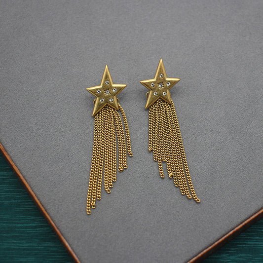 Glamorous Long Gold Star Tassel Earrings, Celestial-Inspired Dangle Jewelry, Perfect for Evening Galas and Fashionable Social Events
