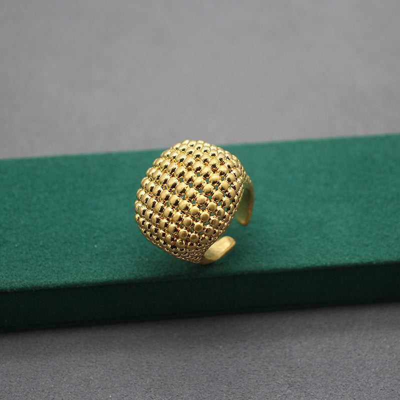 Elegant Quilted Hollow Pattern Gold-Toned Jewelry Set - Chanel Inspired Ring and Stud Earrings, Perfect for Fashionable Outfits & Sophisticated Events, Enhance Your Collection