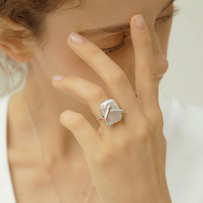 Natural Square Pearl Embrace Ring in S925 Sterling Silver, Adjustable Open Ring