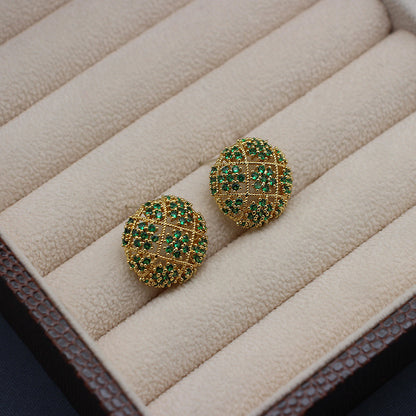 Luxurious Floral-Embellished Green Zirconia Stud Earrings, Gold-Plated Circular Design, Elegant Jewelry for Sophisticated Evenings and Celebratory Occasions